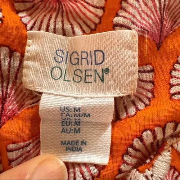 Sigrid Olsen 100% Cotton Printed Shell Tunic Embroidered Orange Pink Size M - Picture 5 of 8